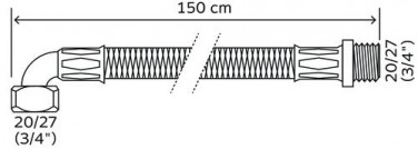 Flexible sanitaire 1 raccord mâle 20/27 - 1 coude écrou tournant femelle 20/27 - Longueur 1500 mm - DN10