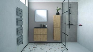 Meuble OSLO à suspendre 2 tiroirs 60cm bois avec vasque noire - BATHROOM THERAPY