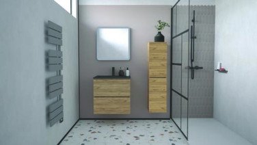 Meuble OSLO à suspendre 2 tiroirs 60cm bois avec vasque noire - BATHROOM THERAPY