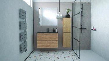 Meuble OSLO à suspendre 2 tiroirs 80cm bois avec vasque noire - BATHROOM THERAPY